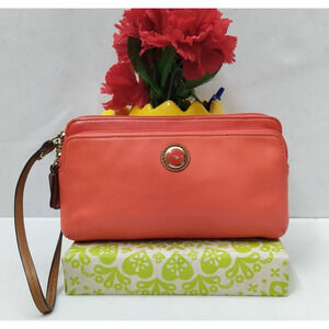Coach Orange Leather Zipper Closure Credit Card Wristlet - Wallet